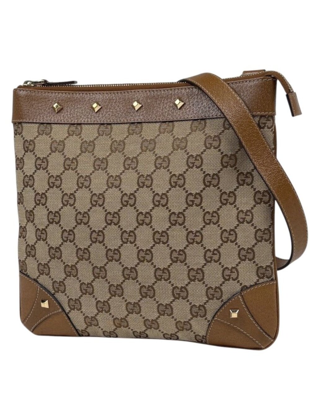 Gucci Shoulder Bag GG Pattern Studs Canvas Beige Brown